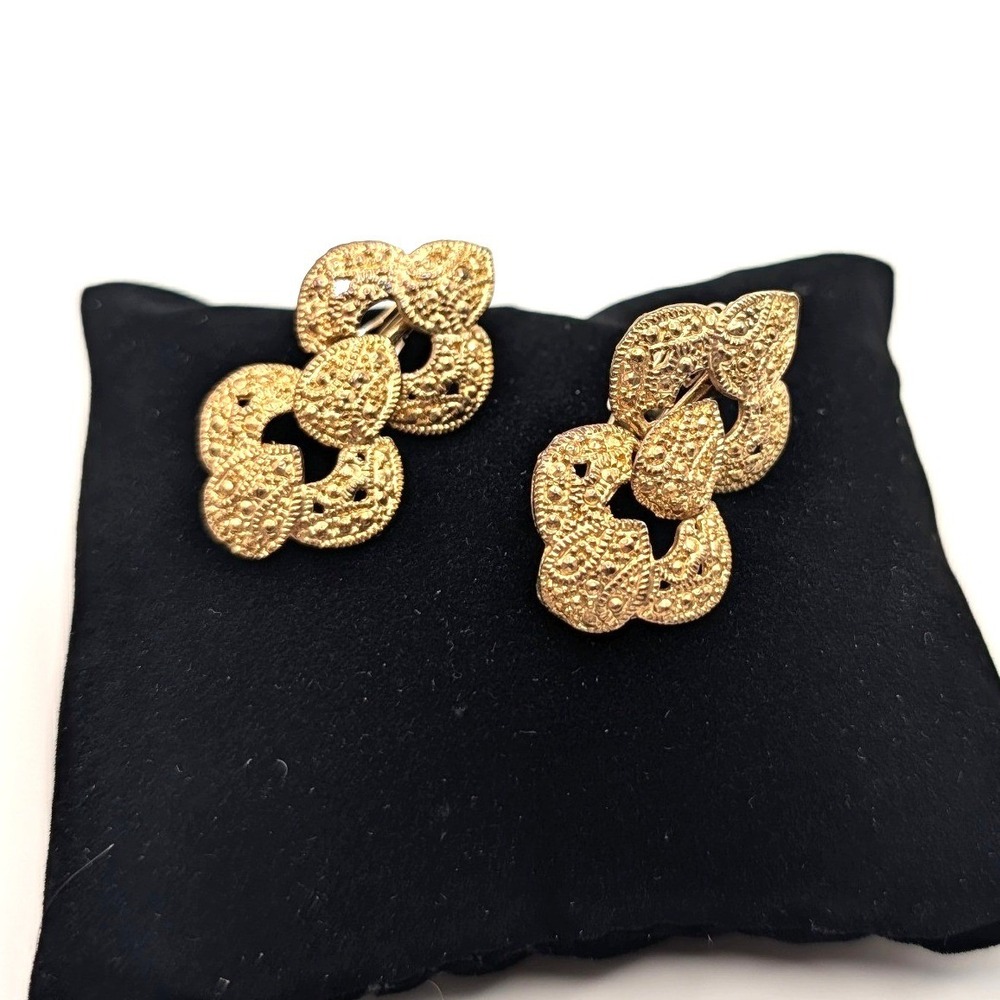 Vintage Brutalist Gold Tone Articulated Clip On Earrings Textured Openwork